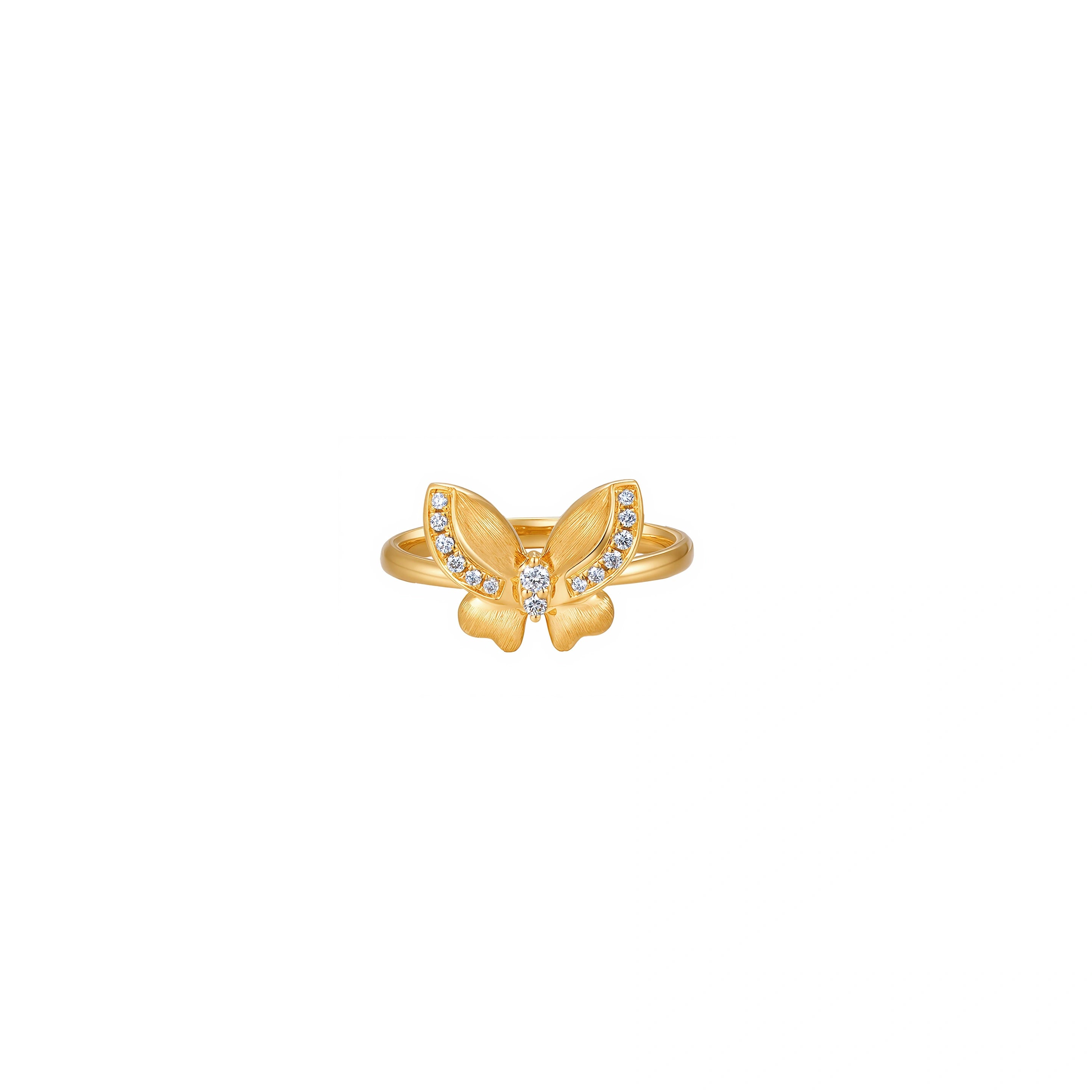 18K gold butterfly diamond ring with delicate textured wings and sparkling diamond accents on a white background.