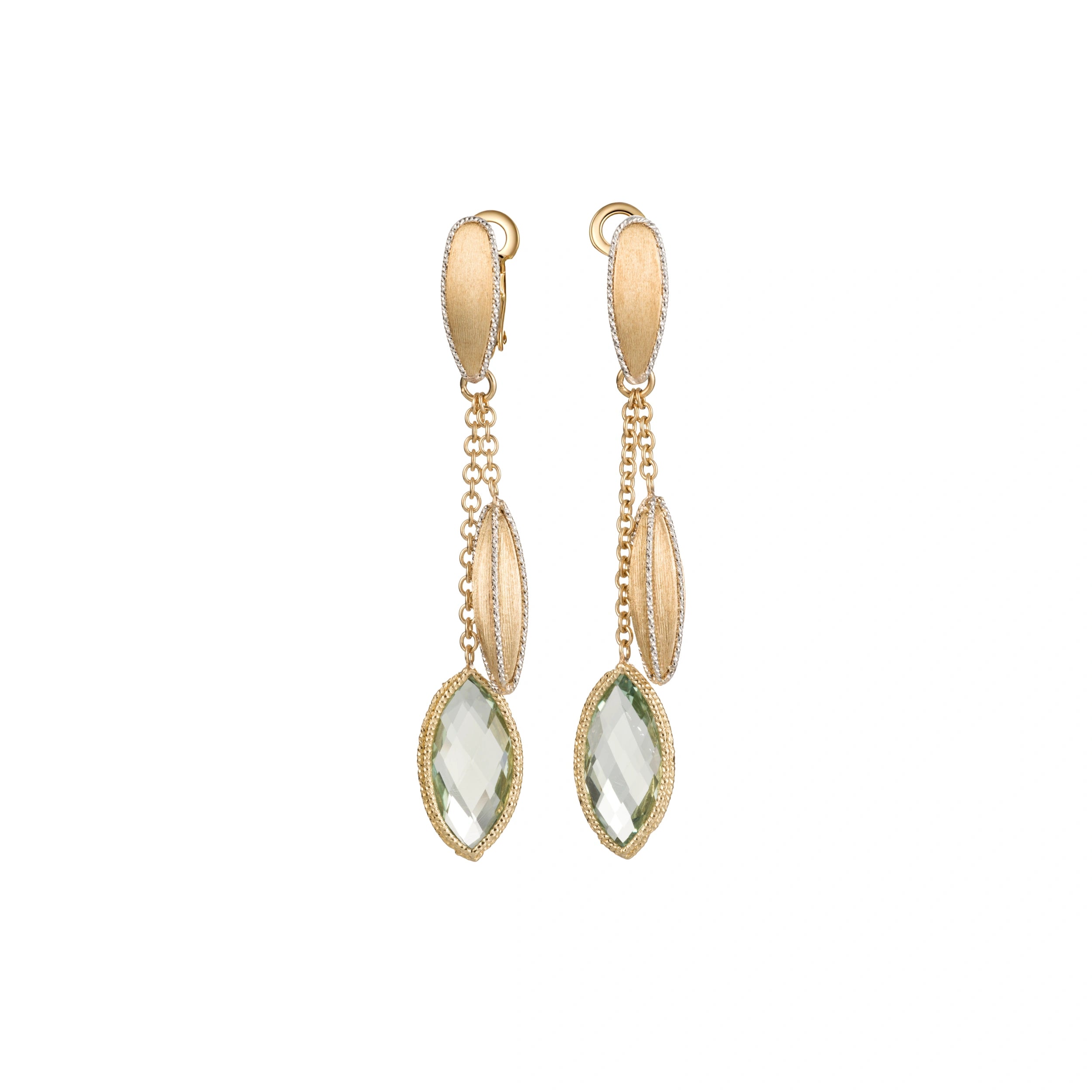 18K gold green gemstone drop earrings with textured gold details and chain accents on a white background