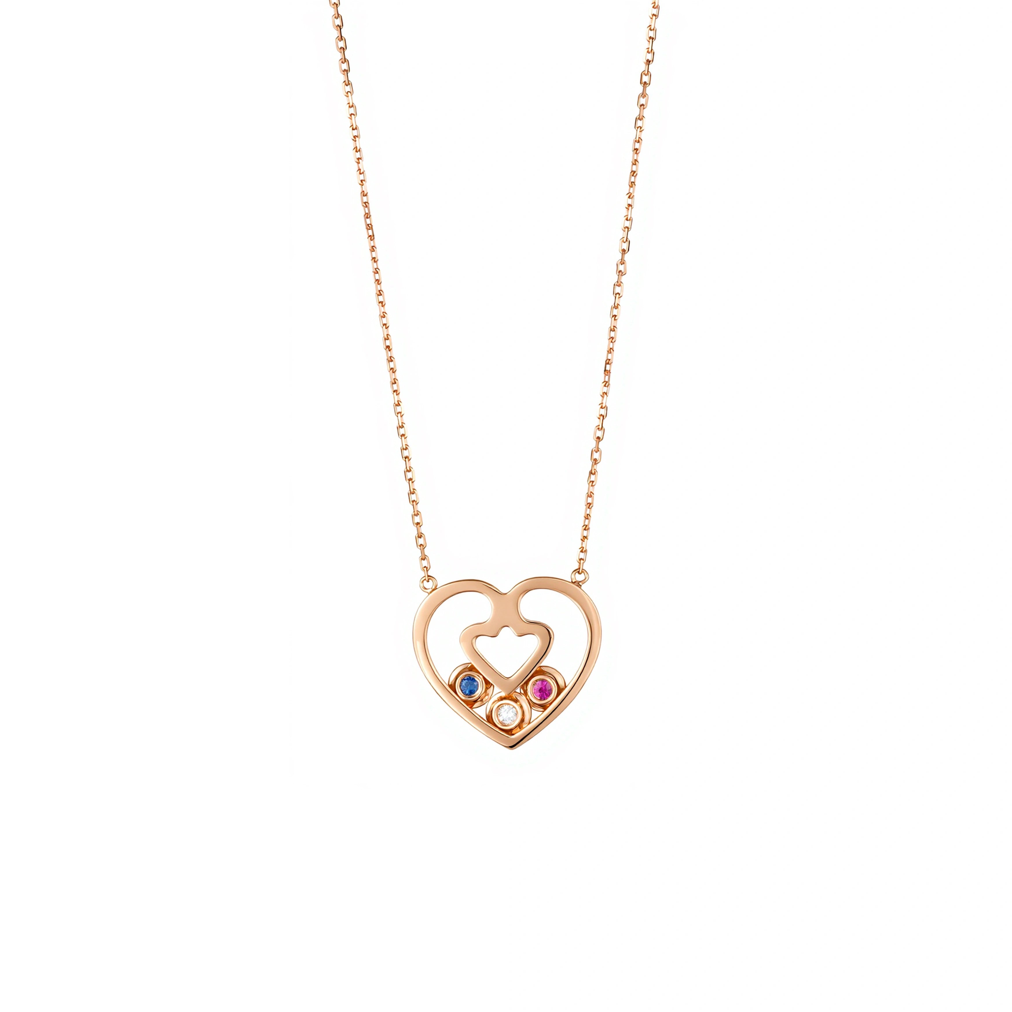 18K rose gold heart multi-stone necklace with colorful gemstone accents on a white background