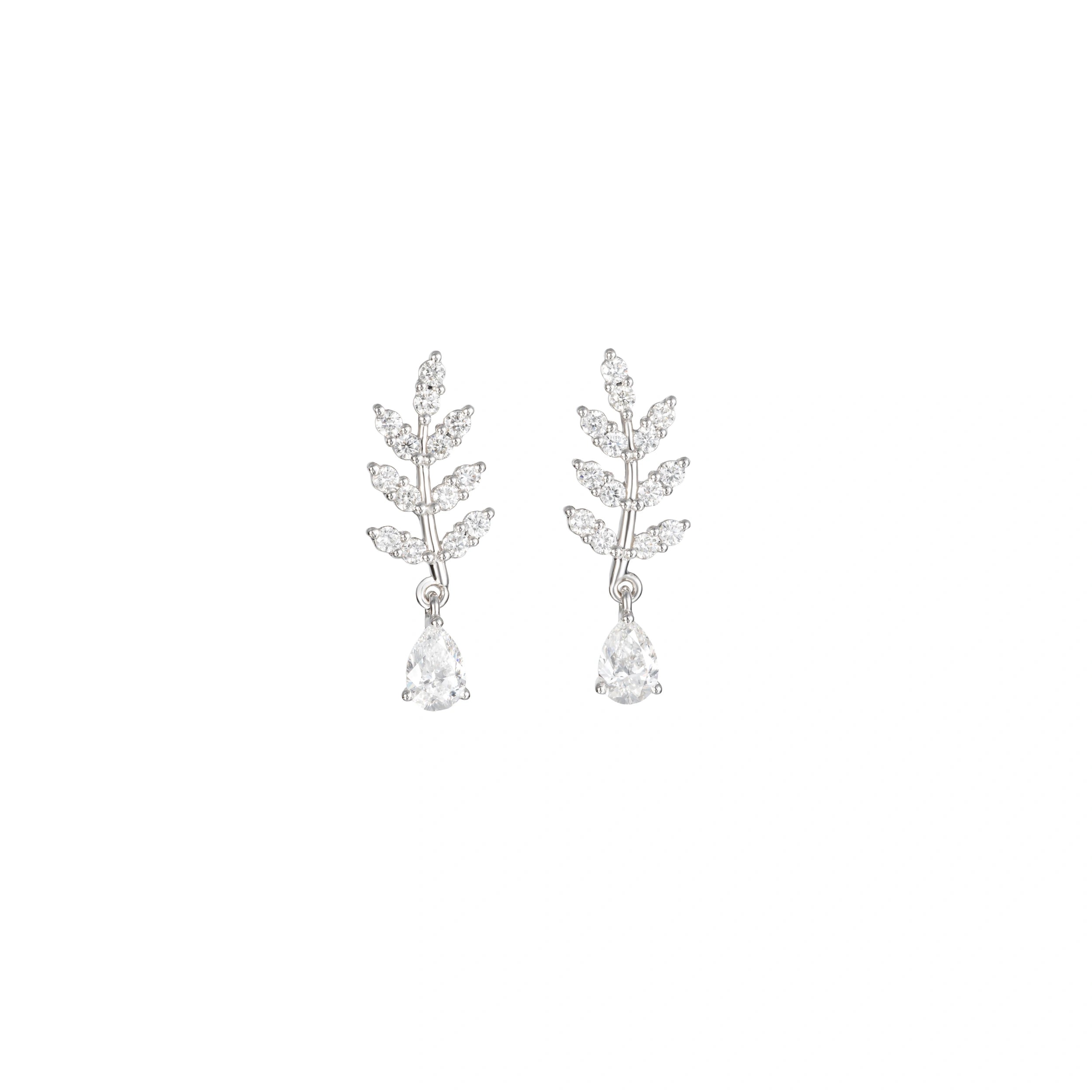 18K white gold leaf drop diamond earrings with pear-shaped stones on a white background