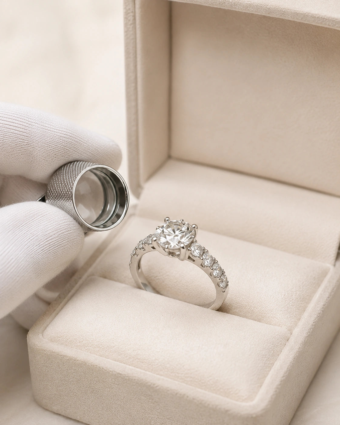 Diamond ring placed in a luxury jewelry box with a jeweler’s loupe, showing the final quality check before delivery.