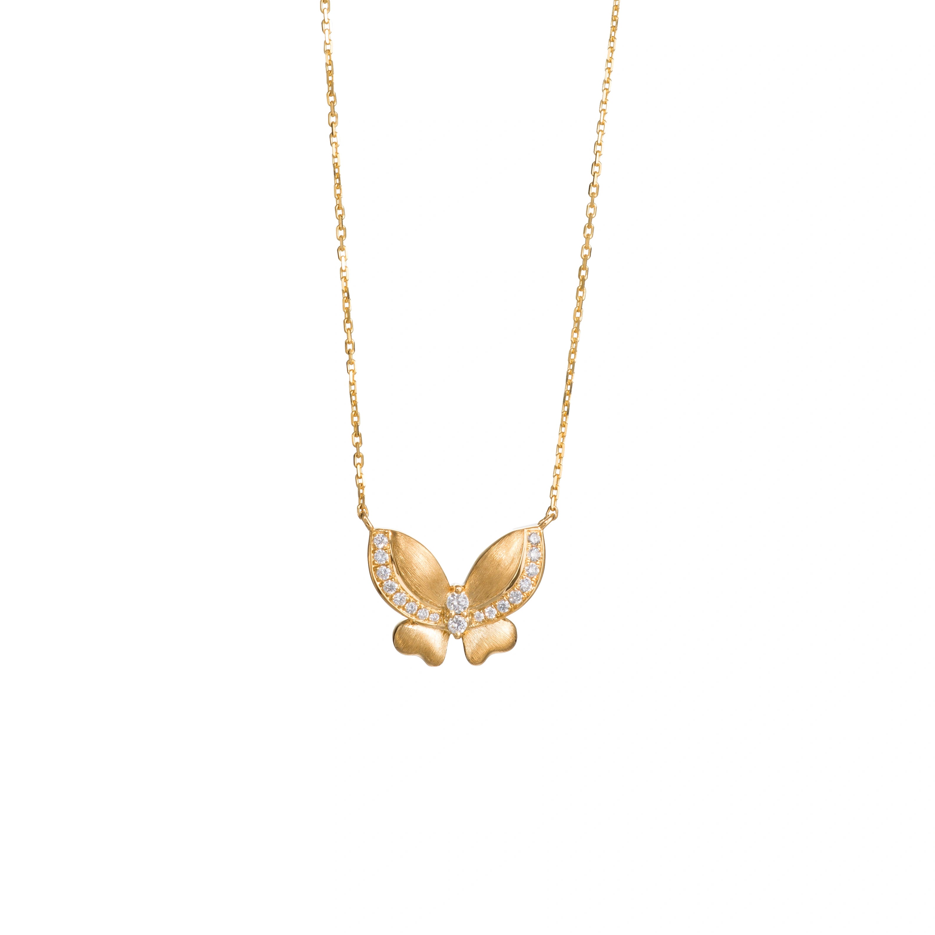 LeMing 18K gold butterfly necklace with sparkling stone accents on a delicate chain