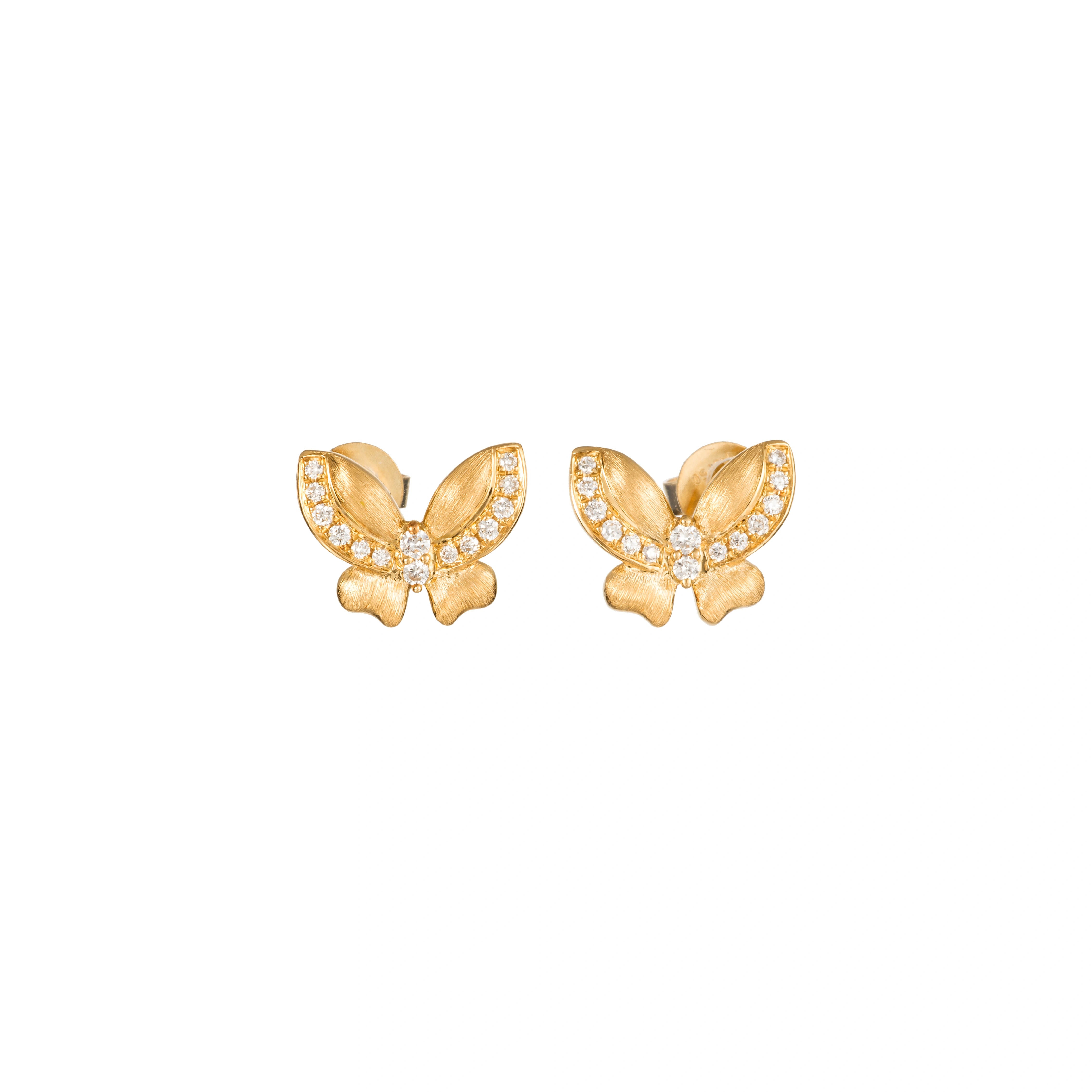 18K gold diamond butterfly stud earrings with 0.024ct main diamonds and 0.108ct side diamond accents by LeMing Jewelry