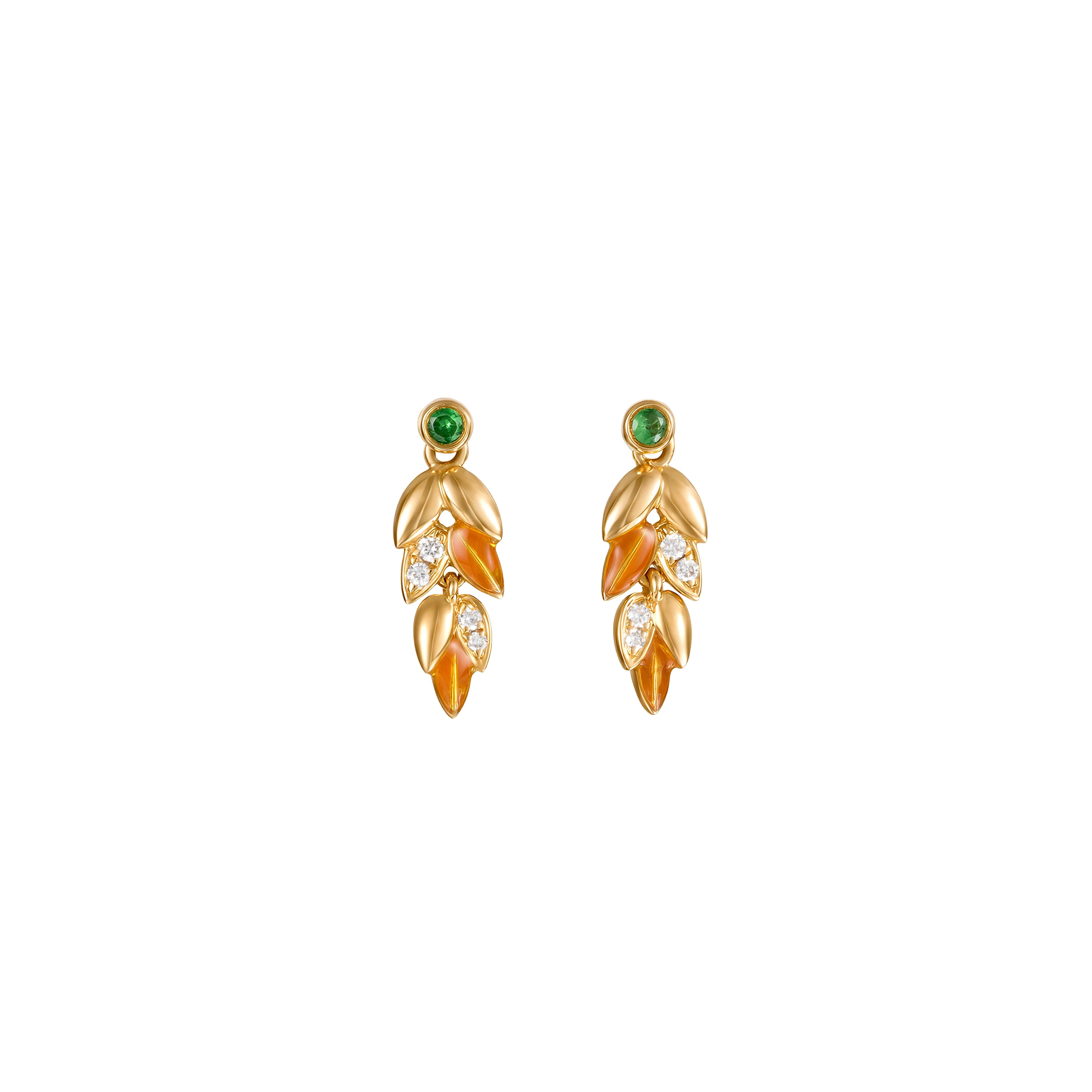 18K gold diamond leaf drop stud earrings with colorful leaf details and 0.107ct diamond accents by LeMing Jewelry