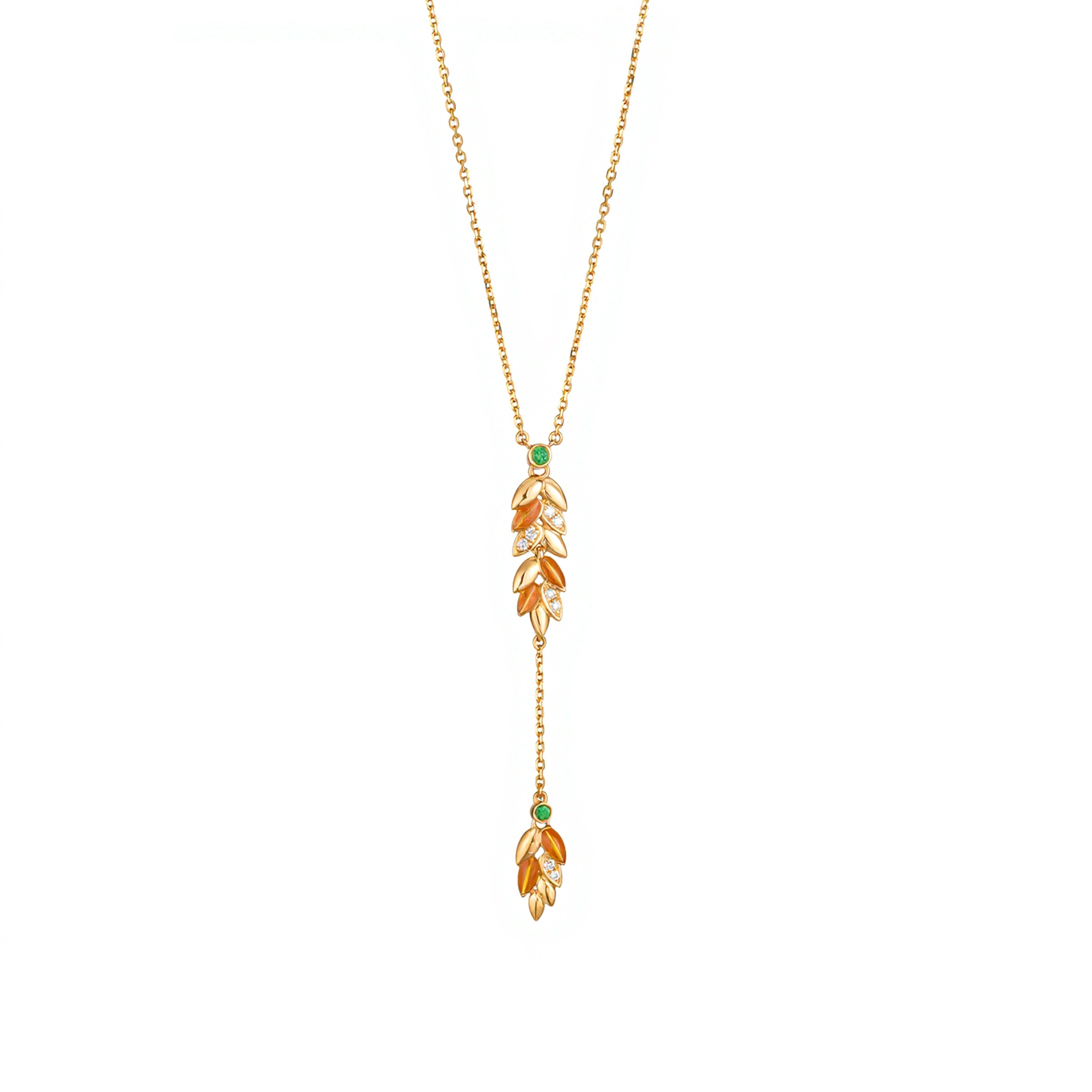 18K gold diamond leaf lariat necklace with colorful leaf details and 0.105ct diamond accents by LeMing Jewelry