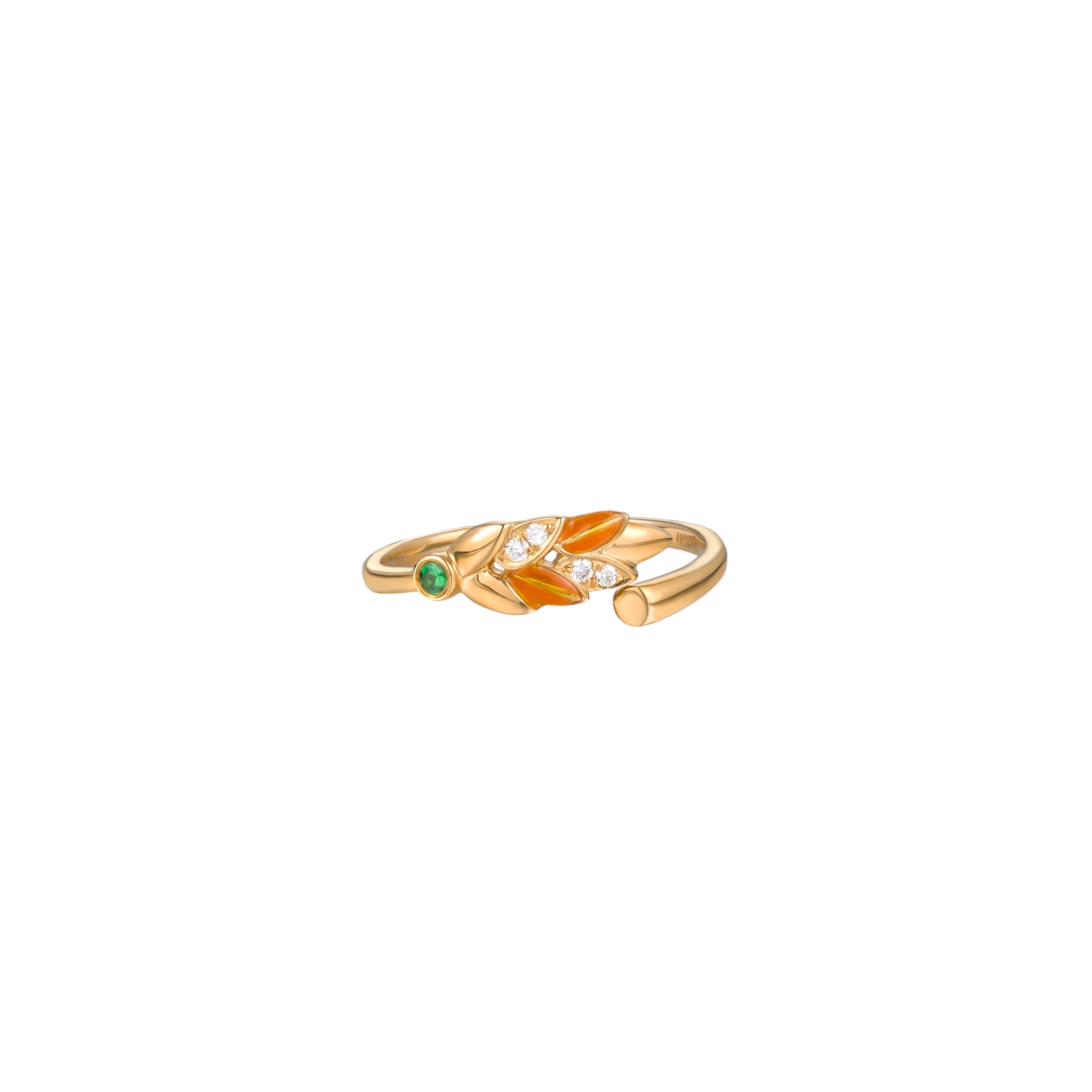 18K gold diamond leaf open ring with colorful leaf details and 0.059ct diamond accents by LeMing Jewelry