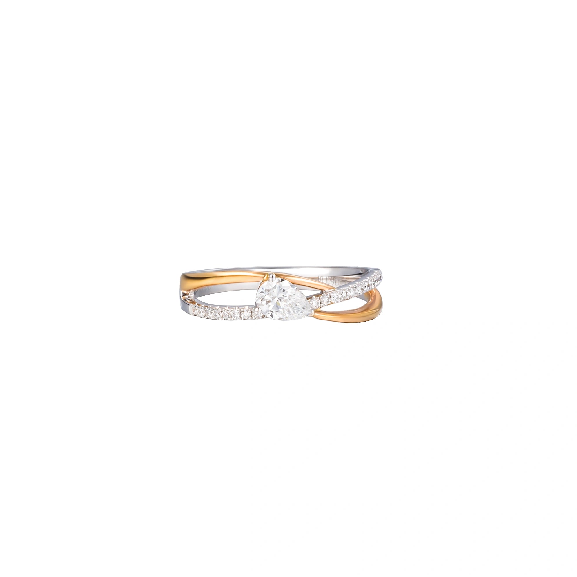 LeMing 18K two-tone gold pear diamond crossover ring with 0.306ct center stone and pavé diamond accents