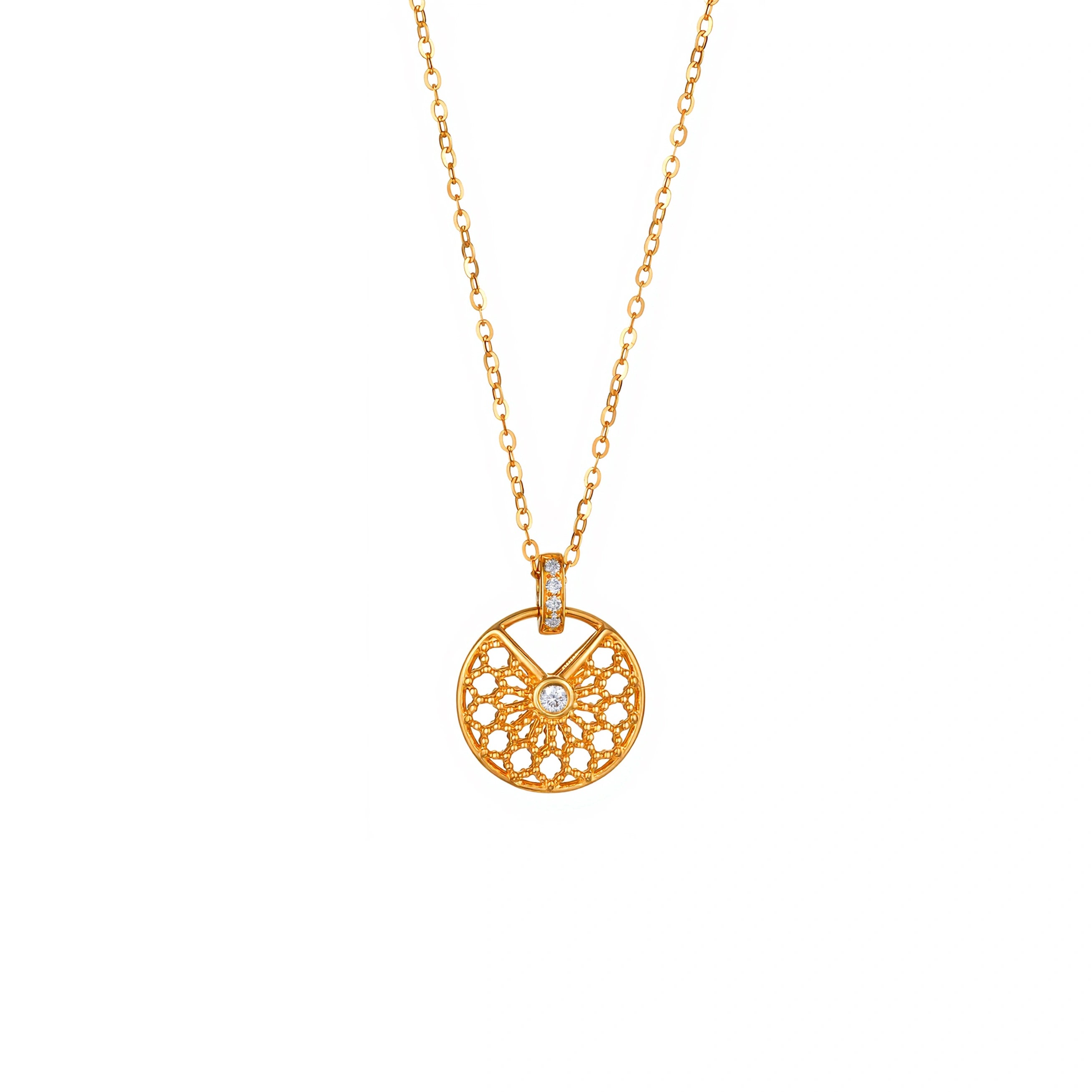 LeMing 18K yellow gold filigree diamond pendant necklace with round openwork design