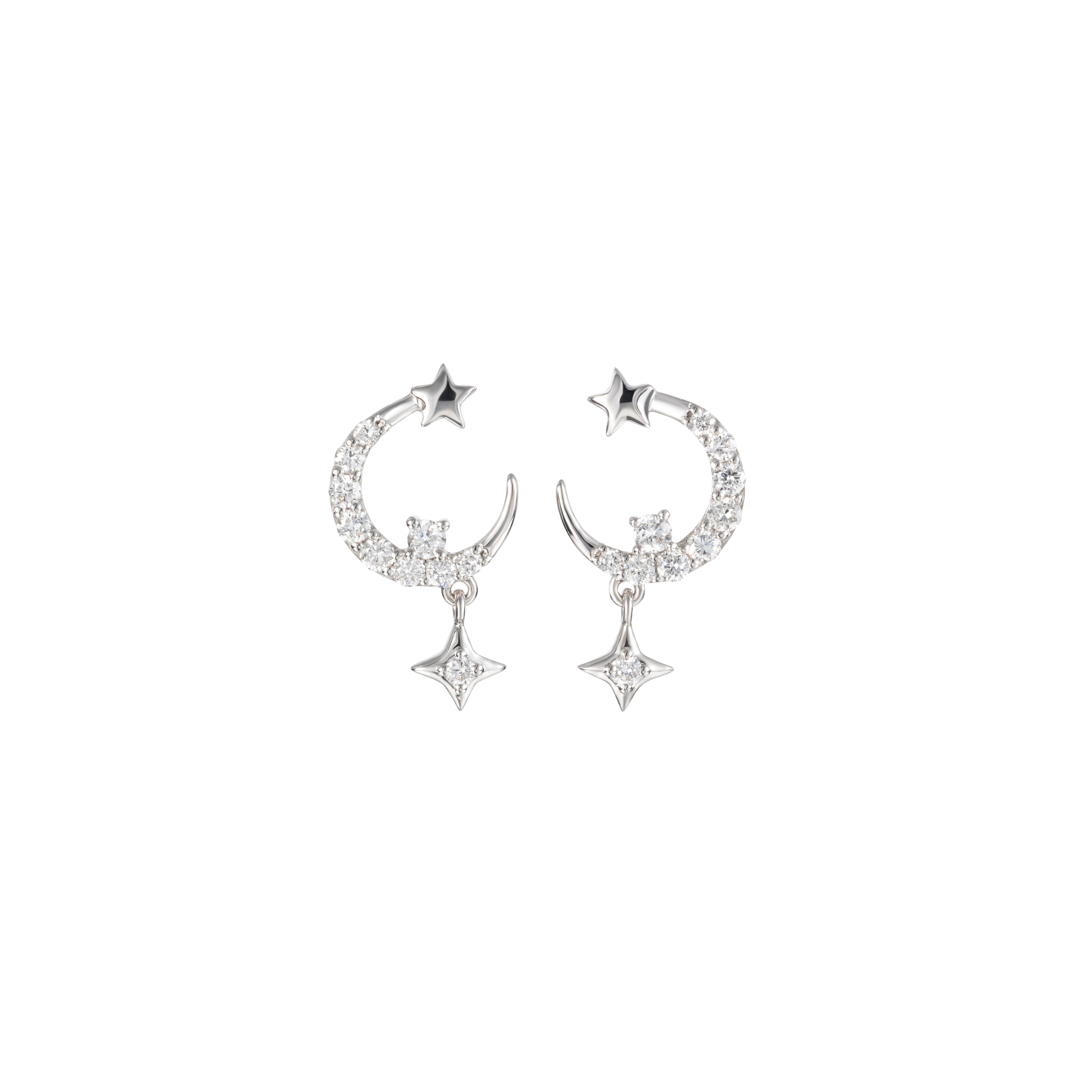 LeMing 9K white gold star and crescent pavé drop stud earrings with sparkling celestial details