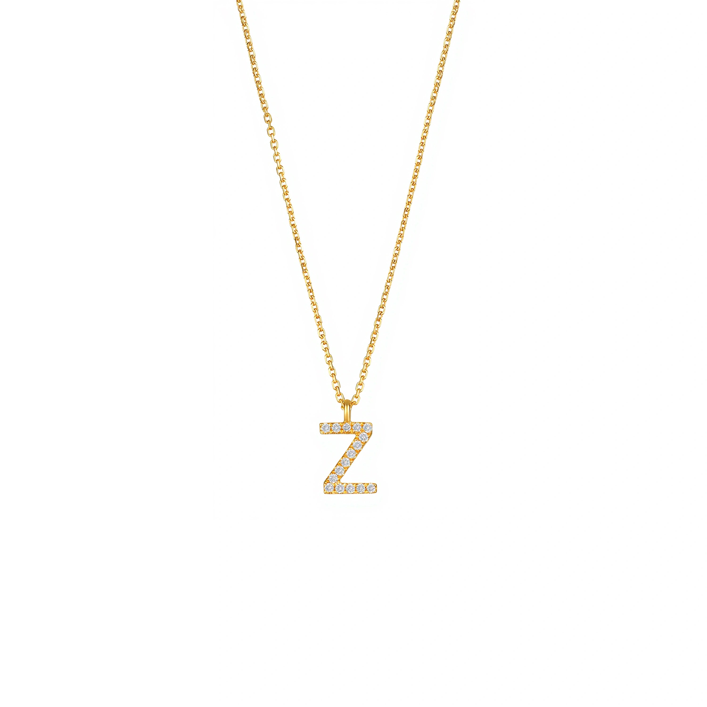 18K gold diamond initial Z necklace with letter pendant on a white background