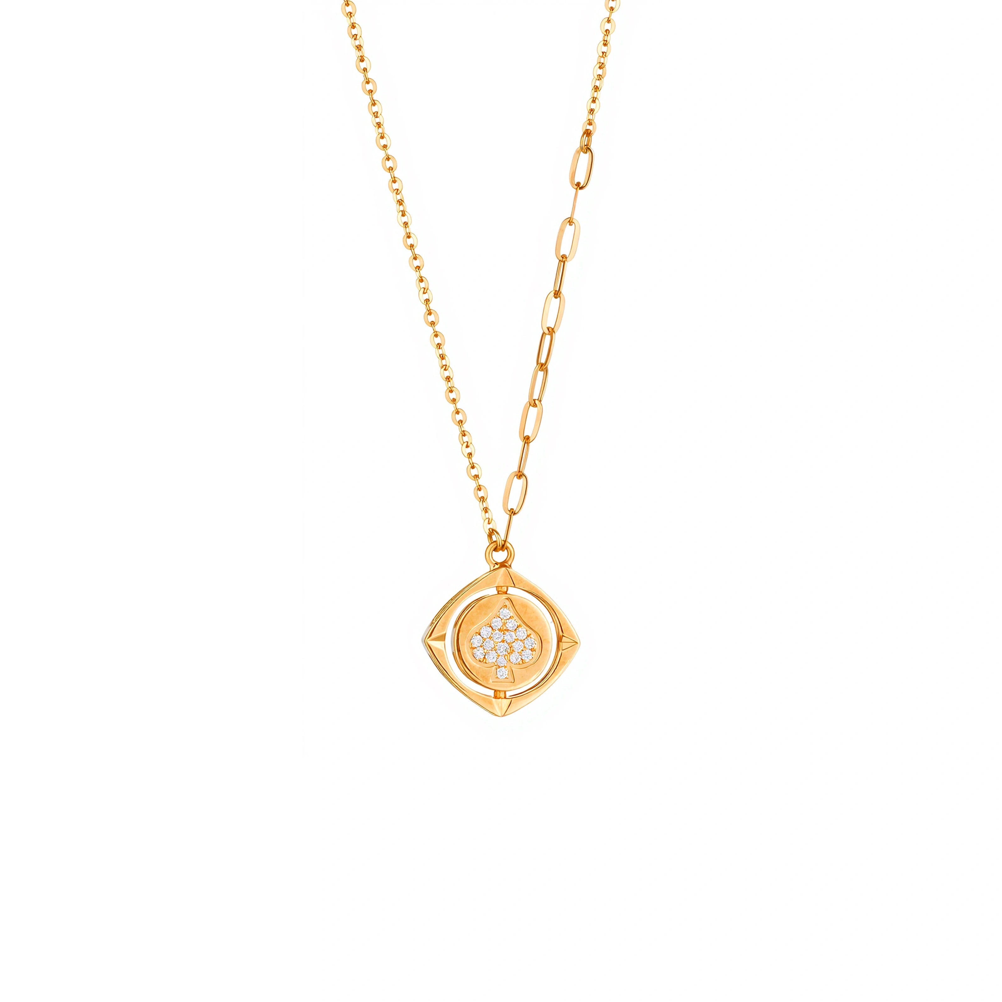 18K gold diamond medallion necklace with geometric pendant and asymmetric chain on a white background