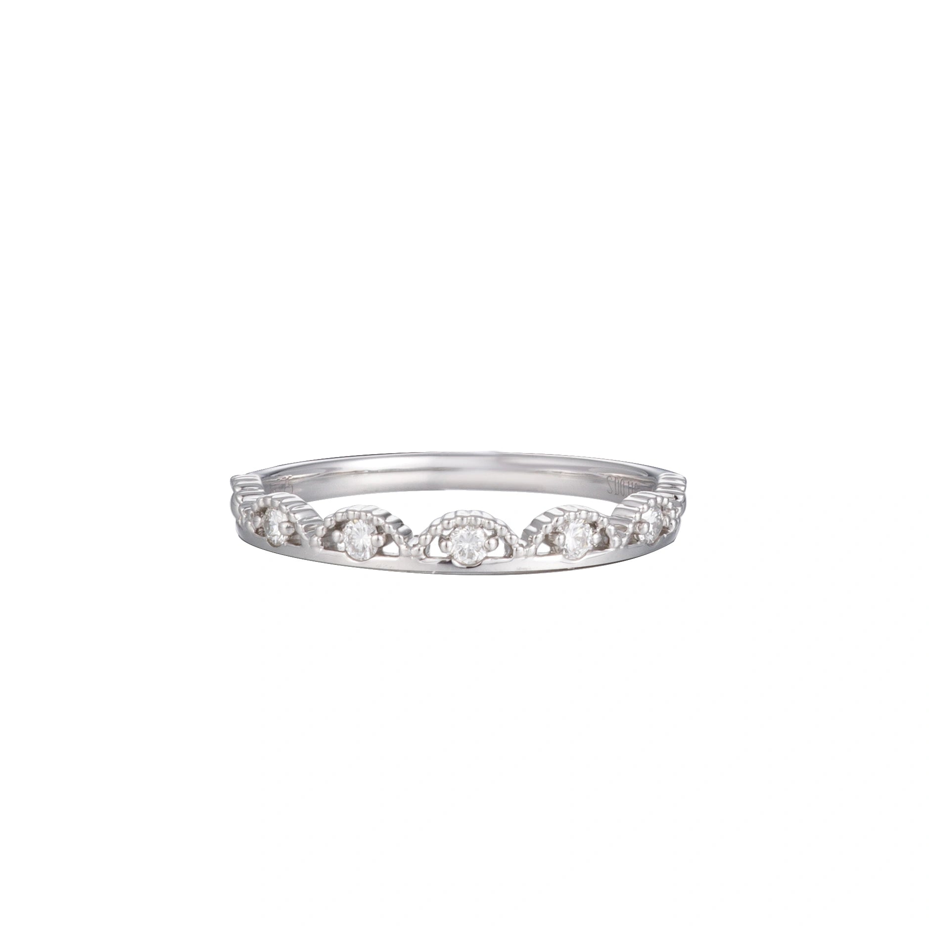 18K white gold five-stone diamond ring with 5 sparkling accent diamonds on a white background.