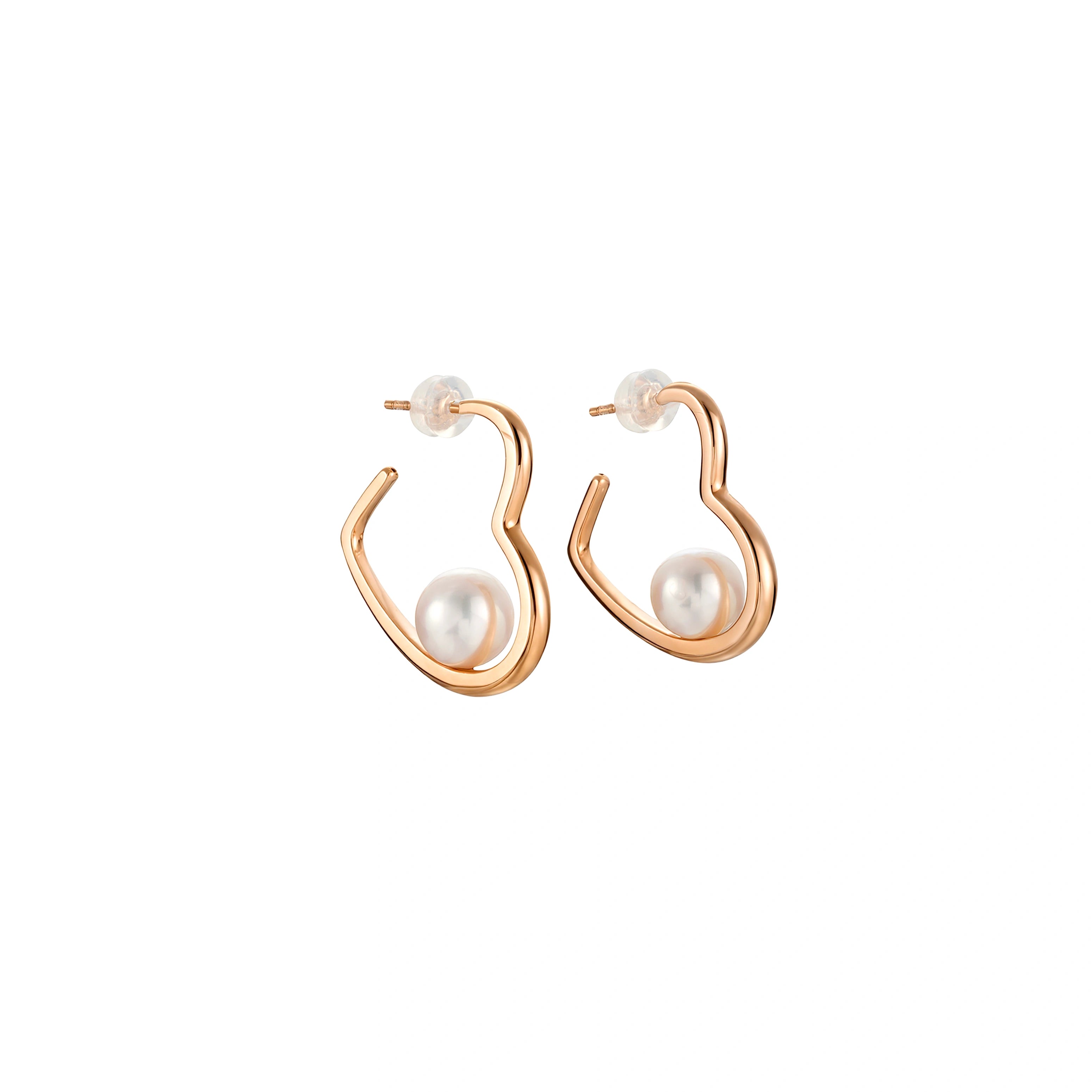 18K yellow gold pearl hoop earrings with curved open hoop design on a white background