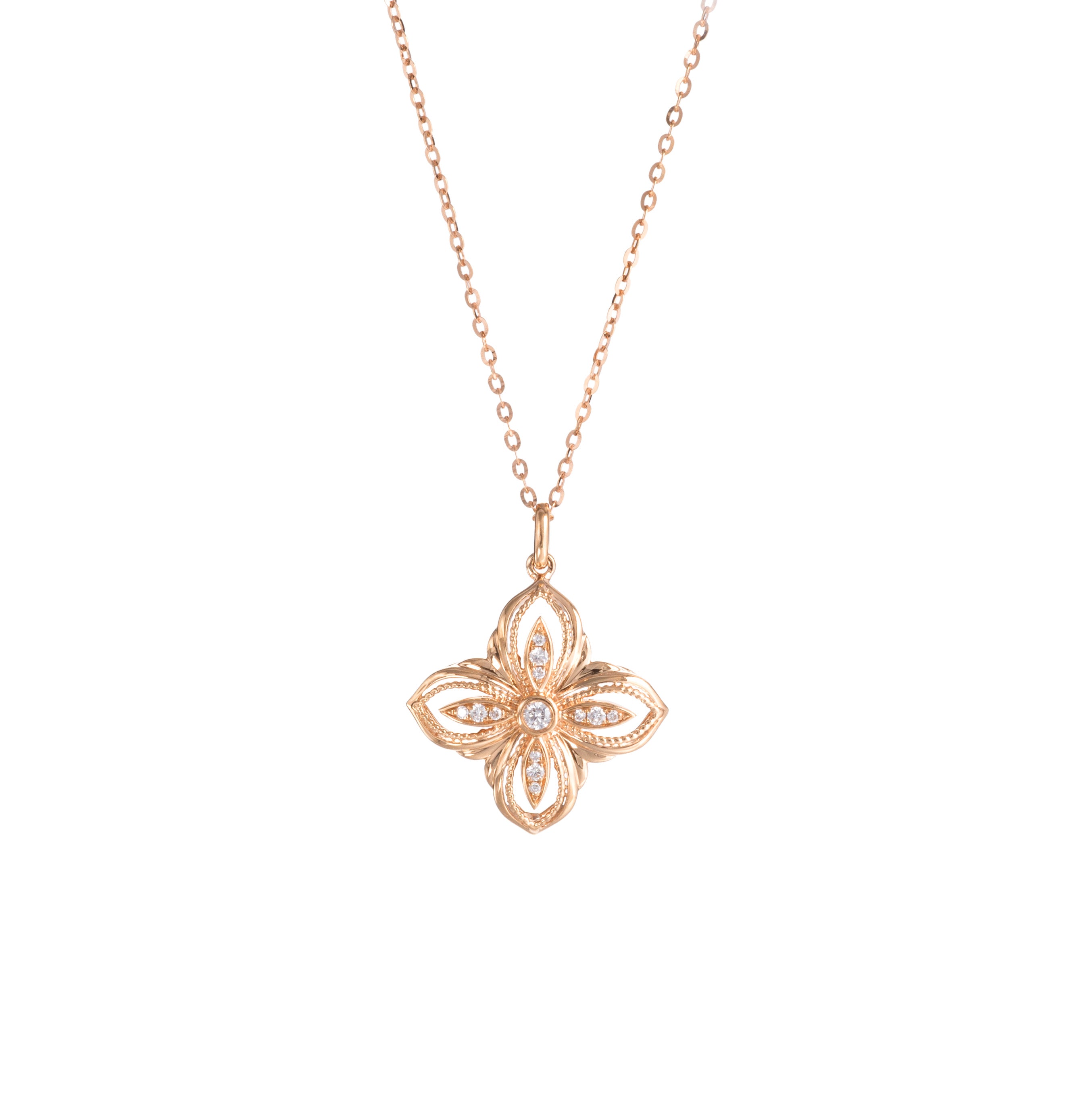 Four-Petal Floral Lab Diamond Pendant Necklace