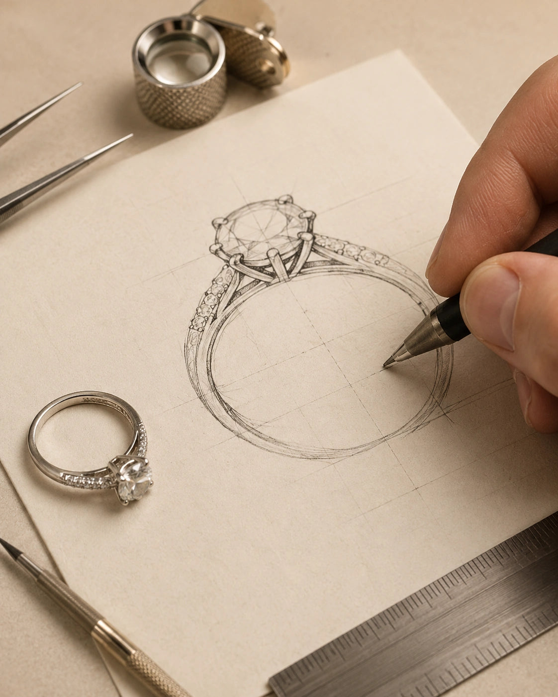 Detailed diamond ring design sketch with jewelry tools, showing the custom ring design and confirmation process.