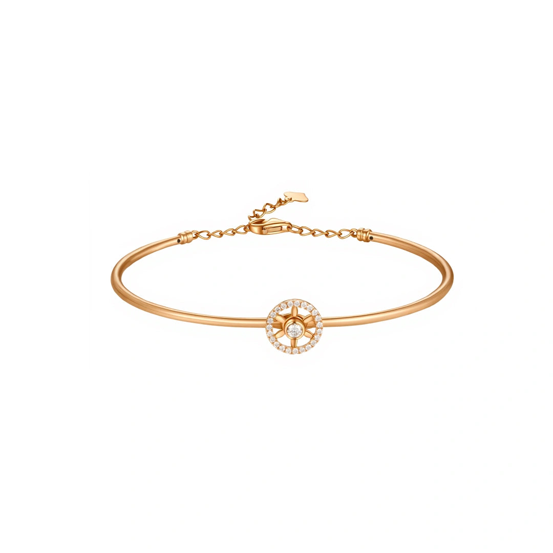 18K gold diamond compass bangle bracelet with circular diamond centerpiece by LeMing Jewelry