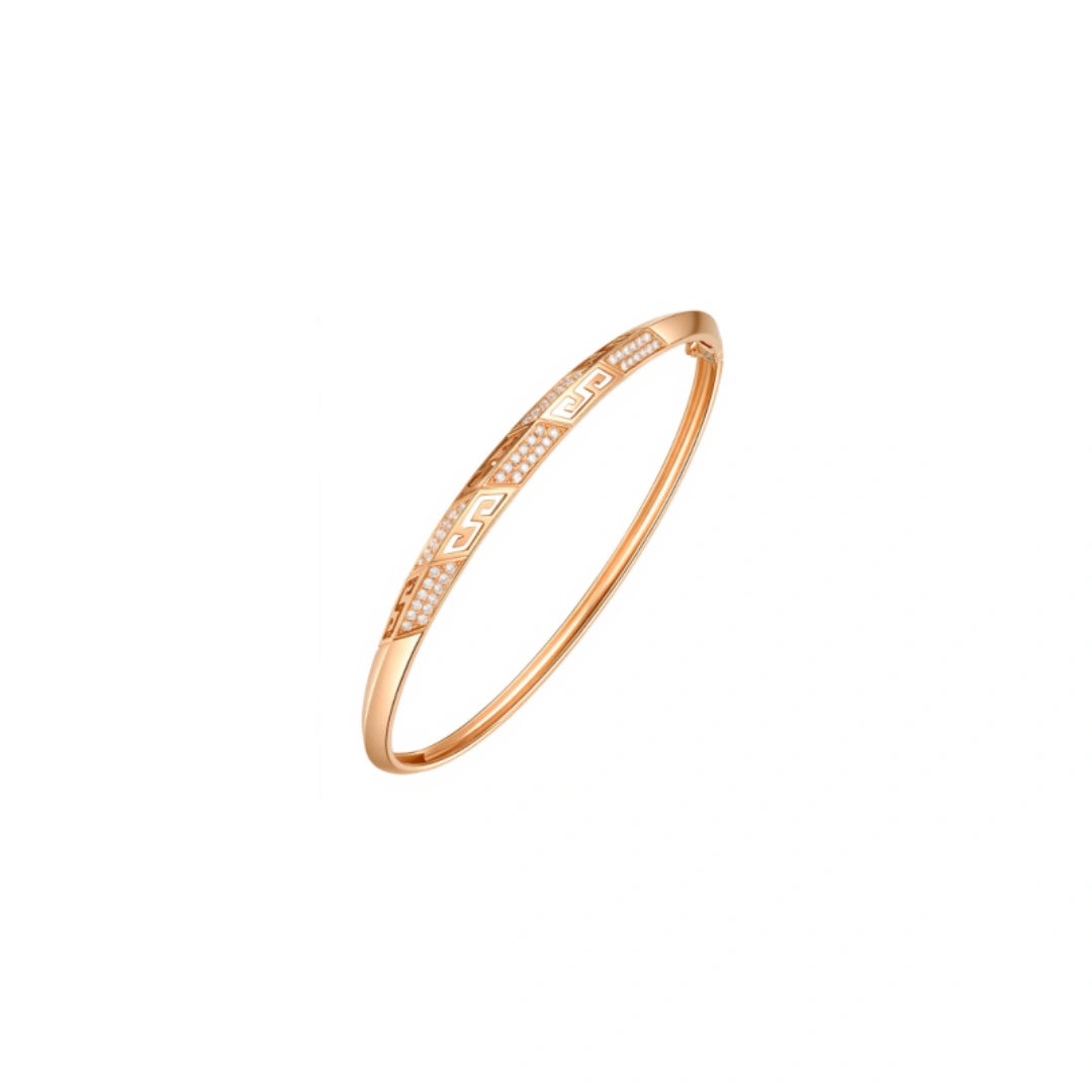 18K gold diamond Greek key bangle bracelet with geometric diamond accents by LeMing Jewelry