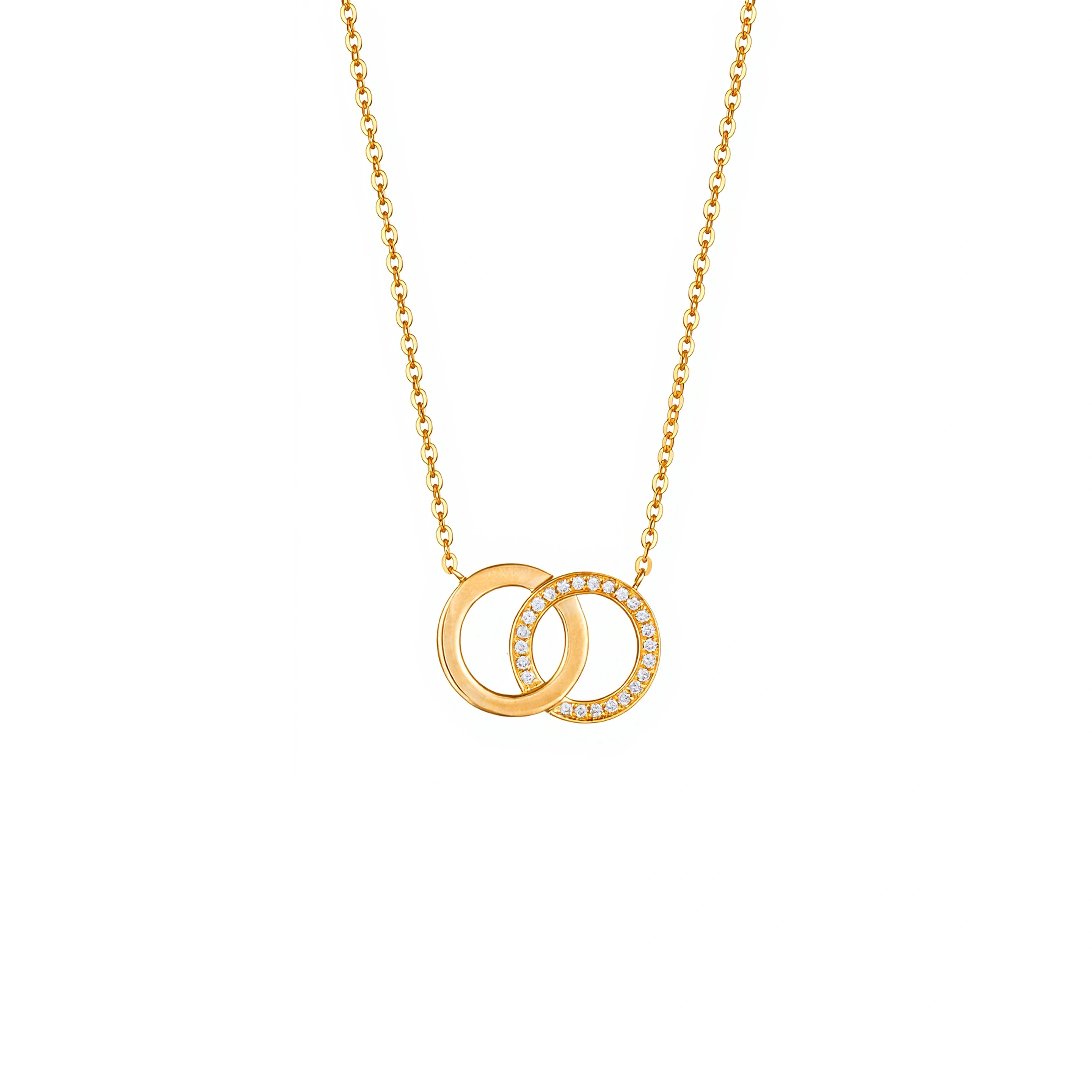 18K gold diamond interlocking circle necklace with 0.080ct diamond accents by LeMing Jewelry
