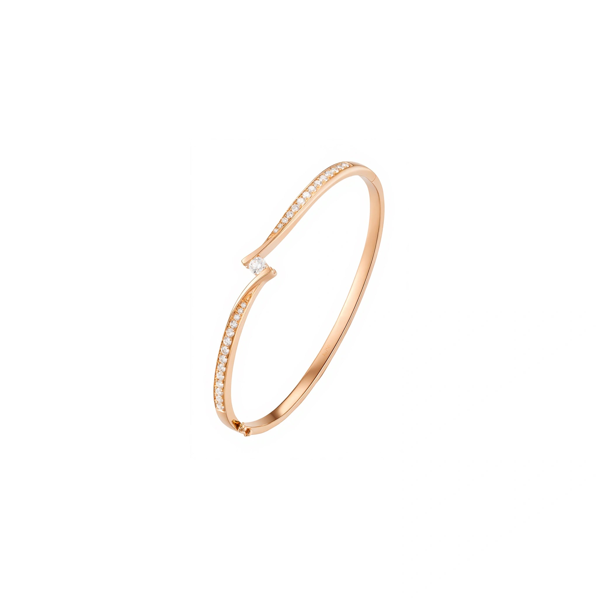 18K gold diamond open curve bangle bracelet with center diamond and pavé diamond accents by LeMing Jewelry