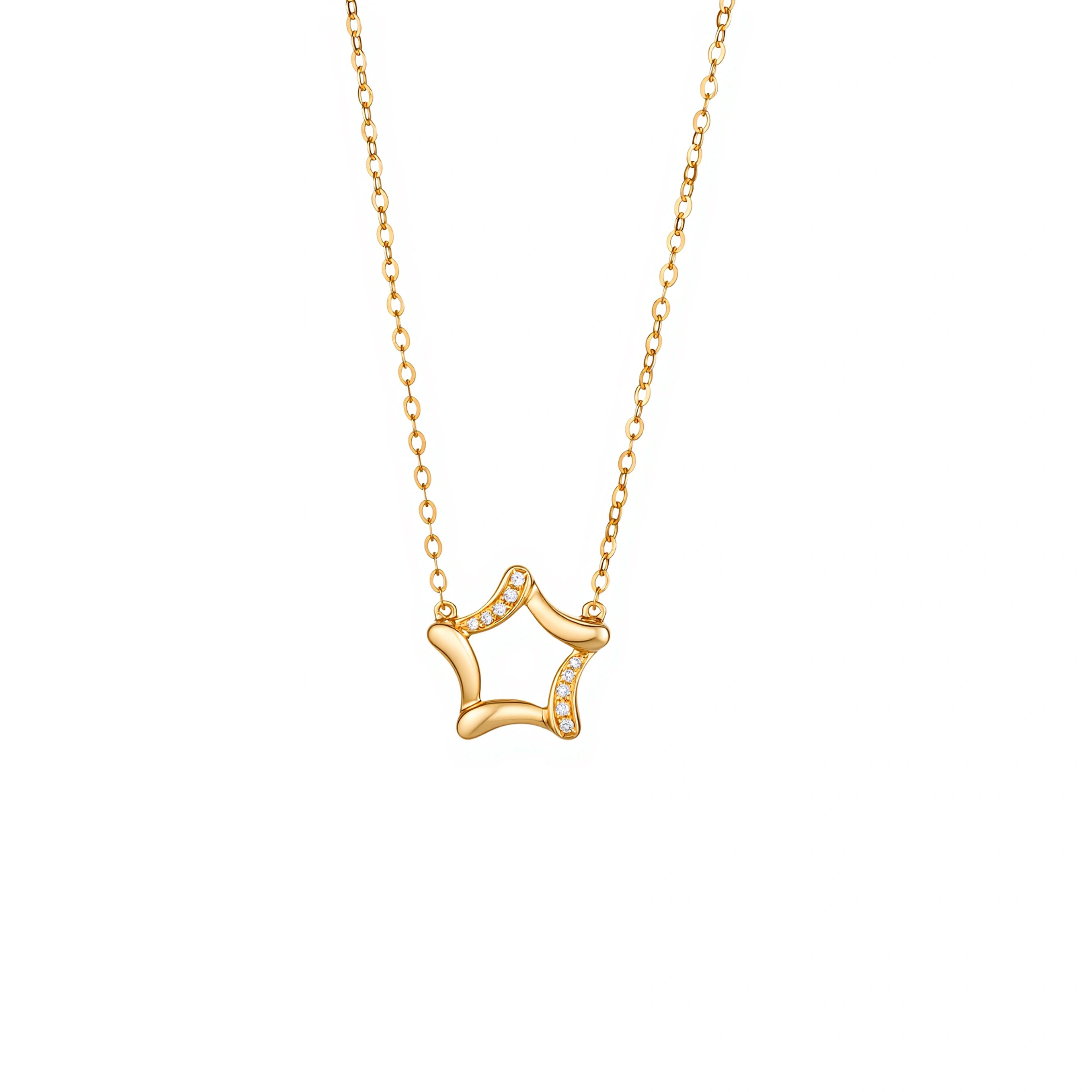 18K gold diamond star pendant necklace featuring a polished open star pendant with 0.026ct diamond accents