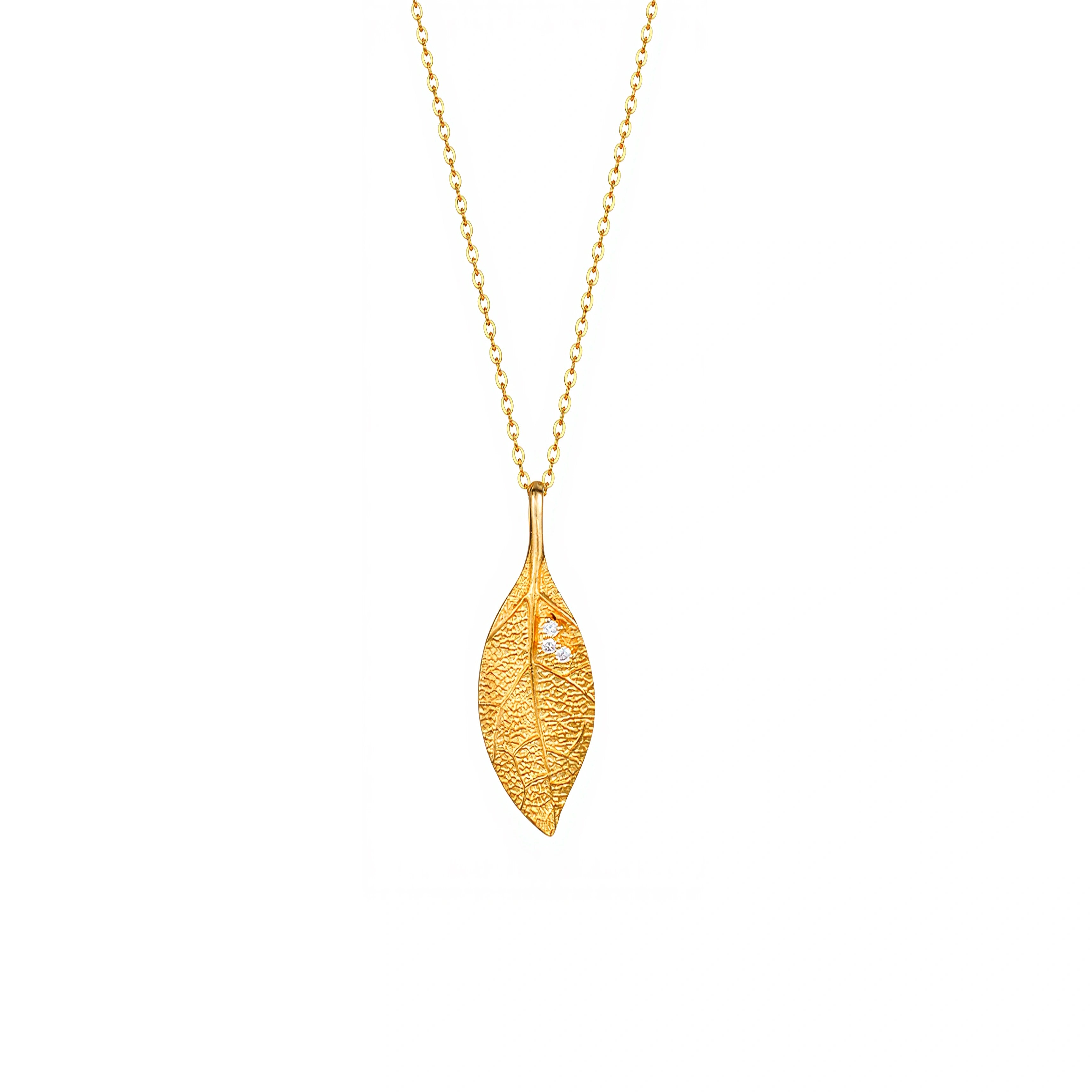 18K gold diamond textured leaf pendant necklace with 0.026ct diamond accents by LeMing Jewelry
