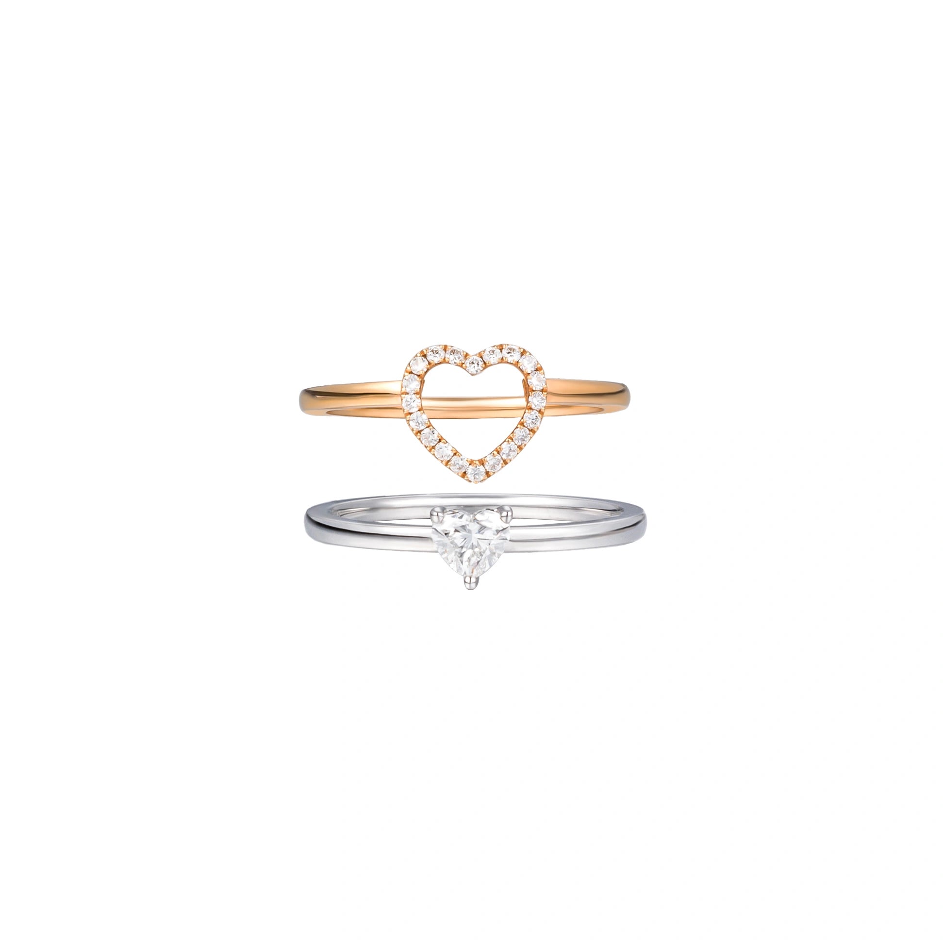 LeMing 18K gold stackable heart diamond ring set with 0.263ct center stone and pavé open-heart band