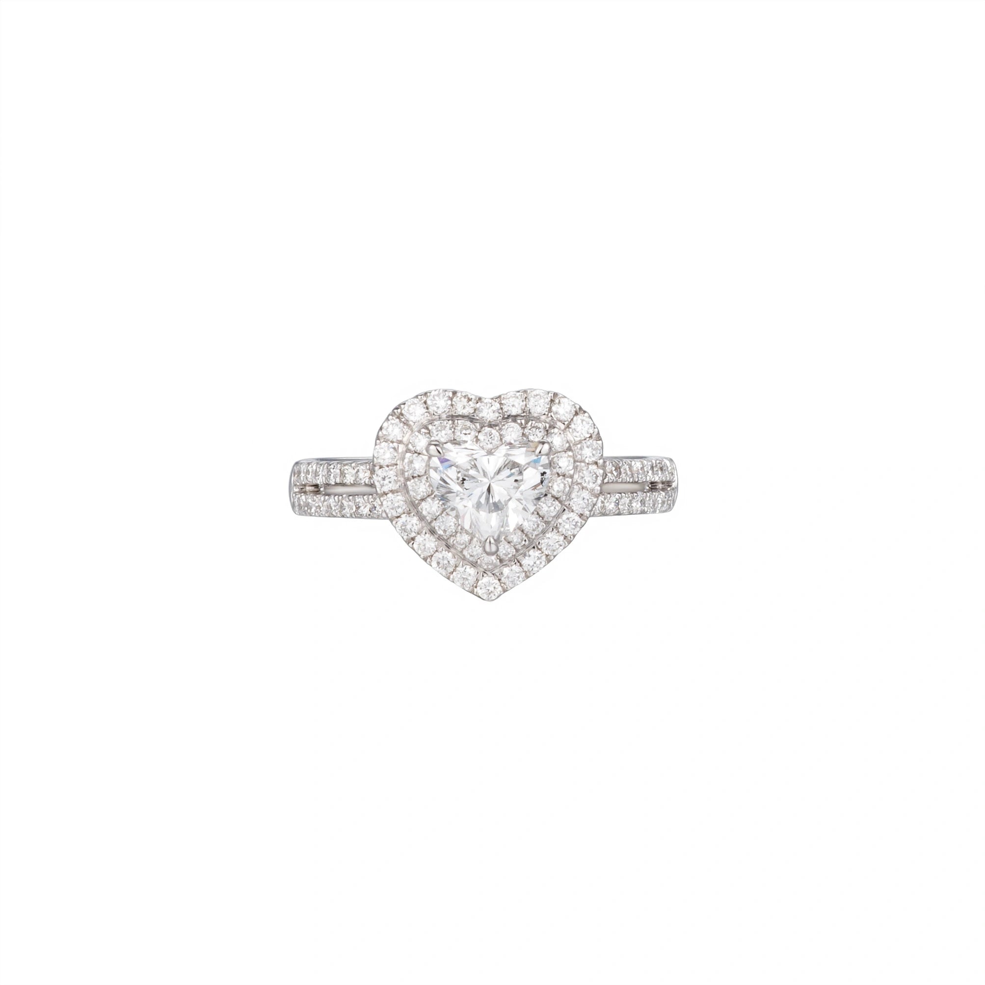 LeMing 18K white gold heart diamond ring with 0.716ct center stone and double halo diamond setting