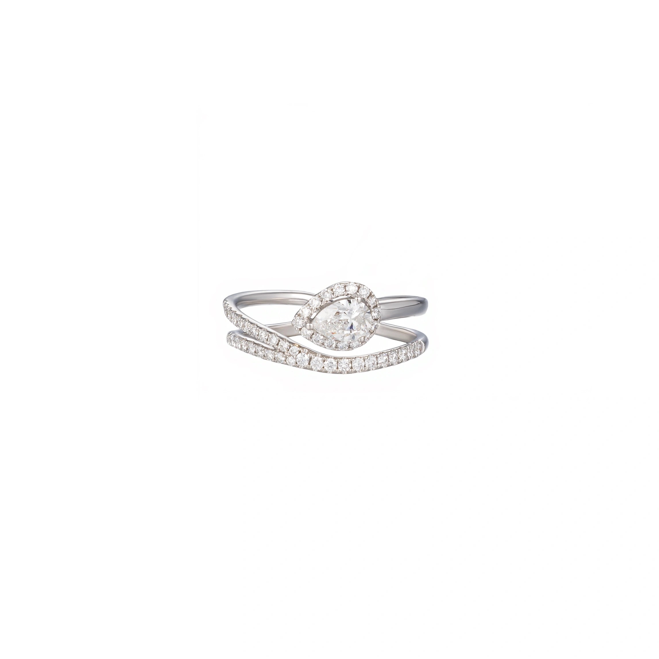 LeMing 18K white gold pear diamond bypass ring with pavé diamond accents
