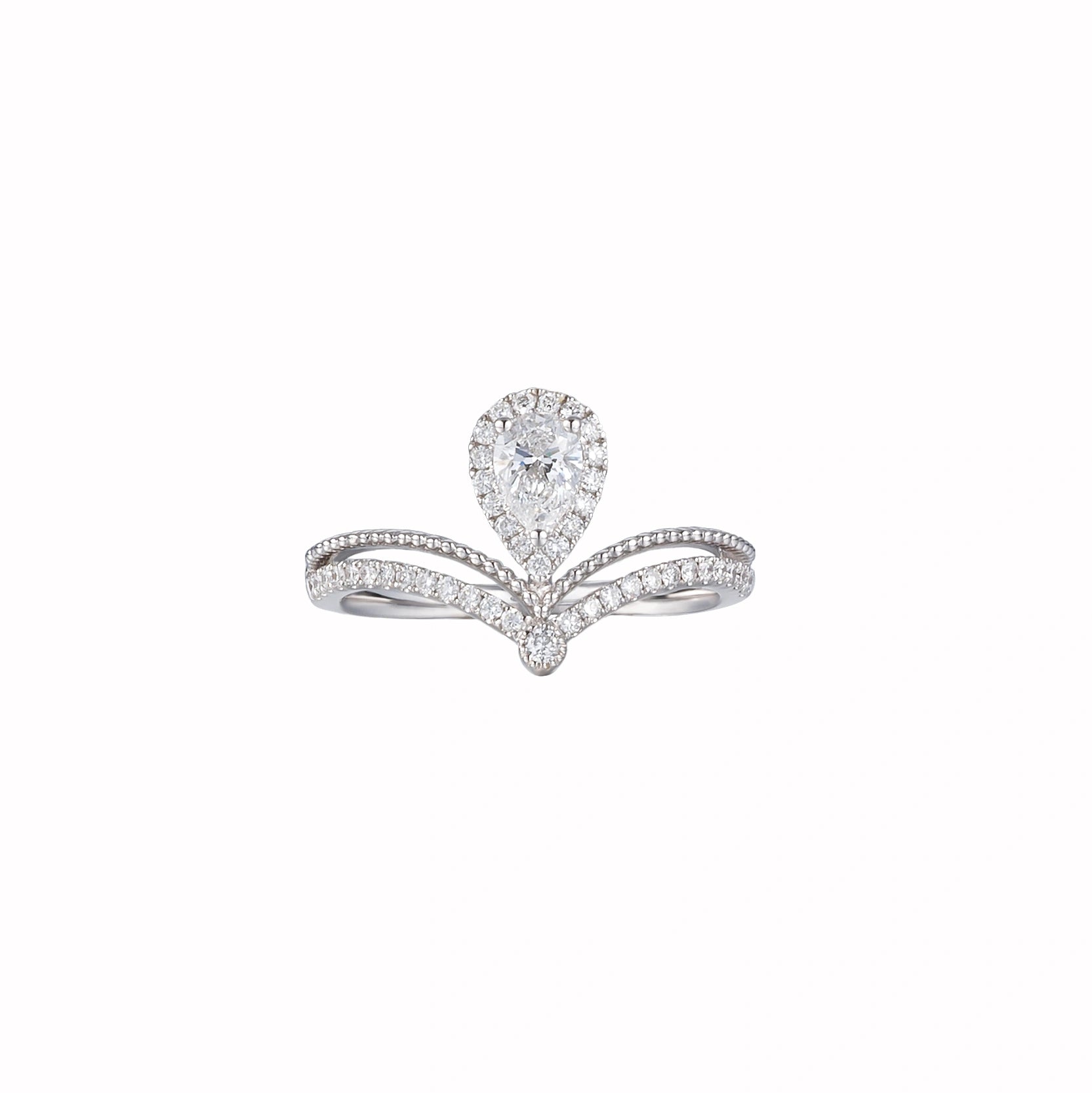 LeMing 18K white gold pear diamond tiara ring with pavé crown-inspired band