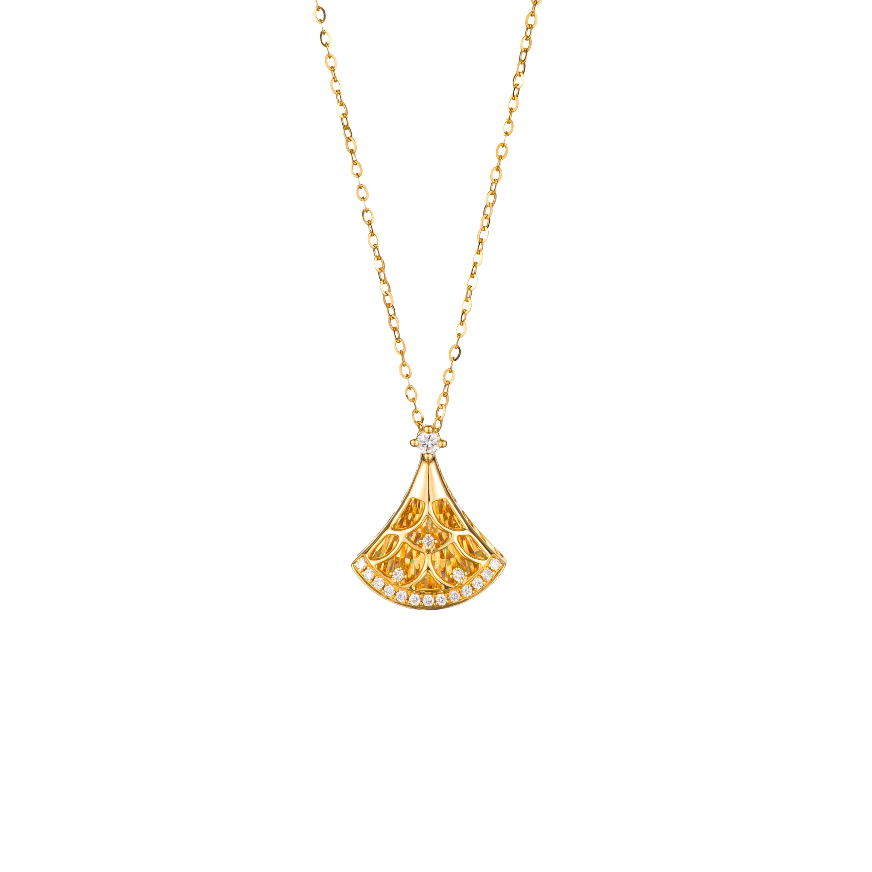 LeMing 18K yellow gold diamond fan pendant necklace with openwork design and sparkling accents