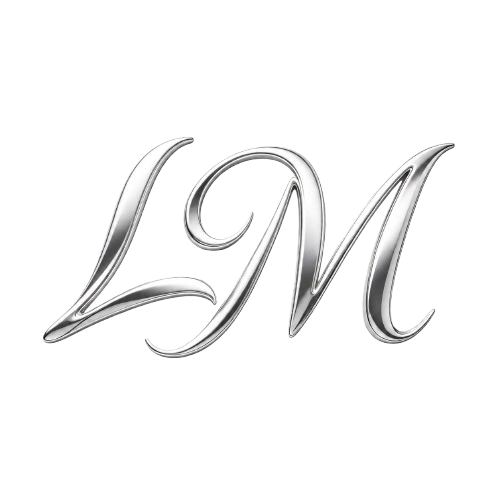Polished silver LM monogram logo for LeMing Jewelry on a transparent background