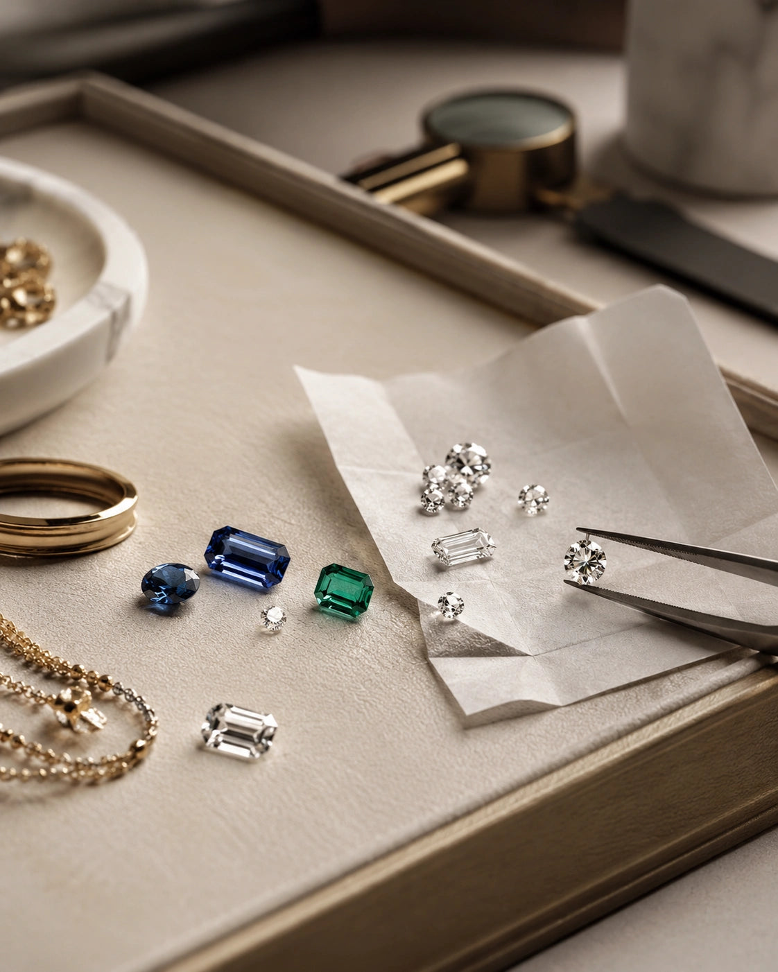Selected diamonds, gemstones, and precious metal jewelry materials arranged on a jeweler’s tray for fine jewelry making.